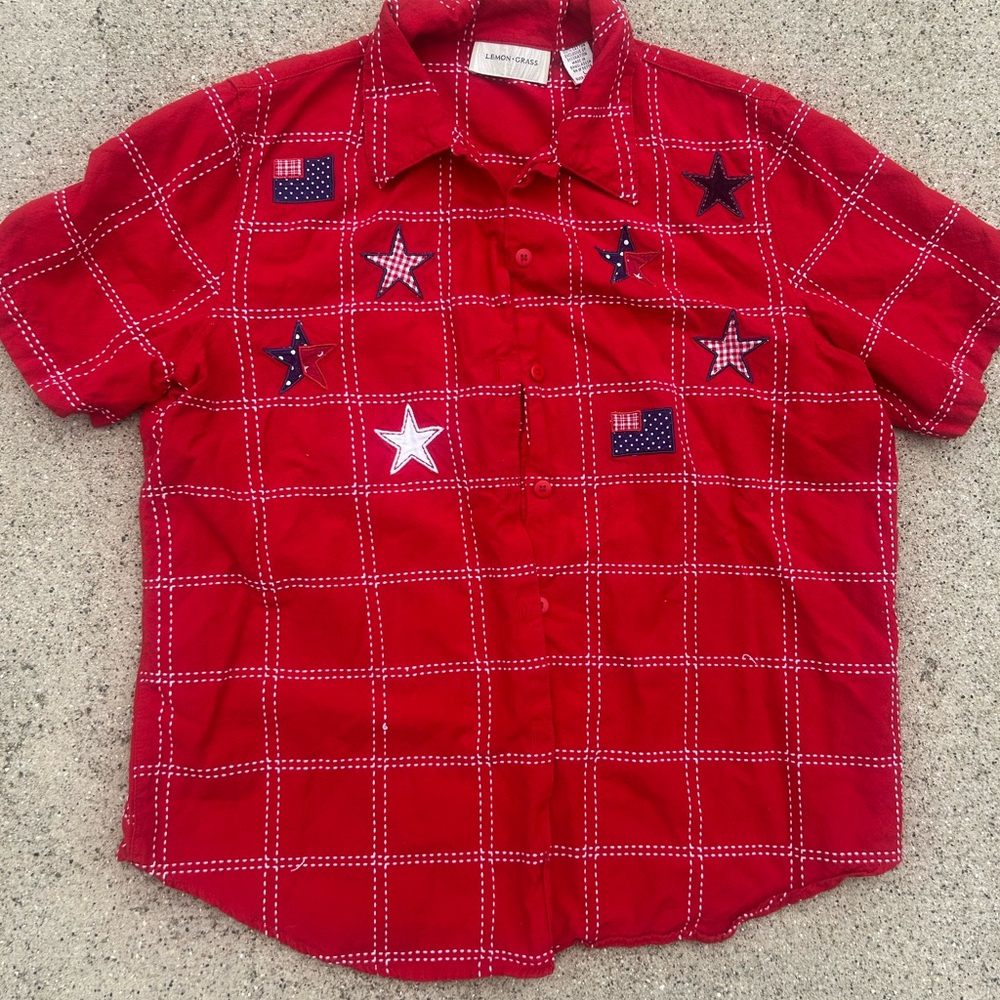 Vintage Lemon Grass Red Patriotic USA Button Up Tee Shirt Top | Size Large
